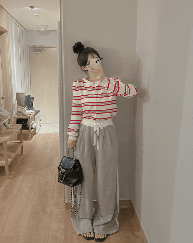 한국 chic 새로운 배색 스트라이프 라운드 넥 부서 버클 부드러운 니트 오픈 가디건 상세 이미지 12