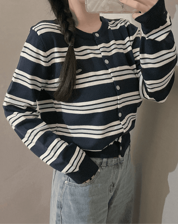 한국 chic 새로운 배색 스트라이프 라운드 넥 부서 버클 부드러운 니트 오픈 가디건 상세 이미지 26