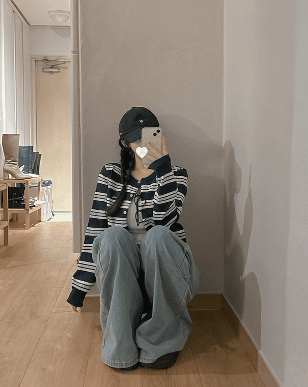 한국 chic 새로운 배색 스트라이프 라운드 넥 부서 버클 부드러운 니트 오픈 가디건 상세 이미지 27
