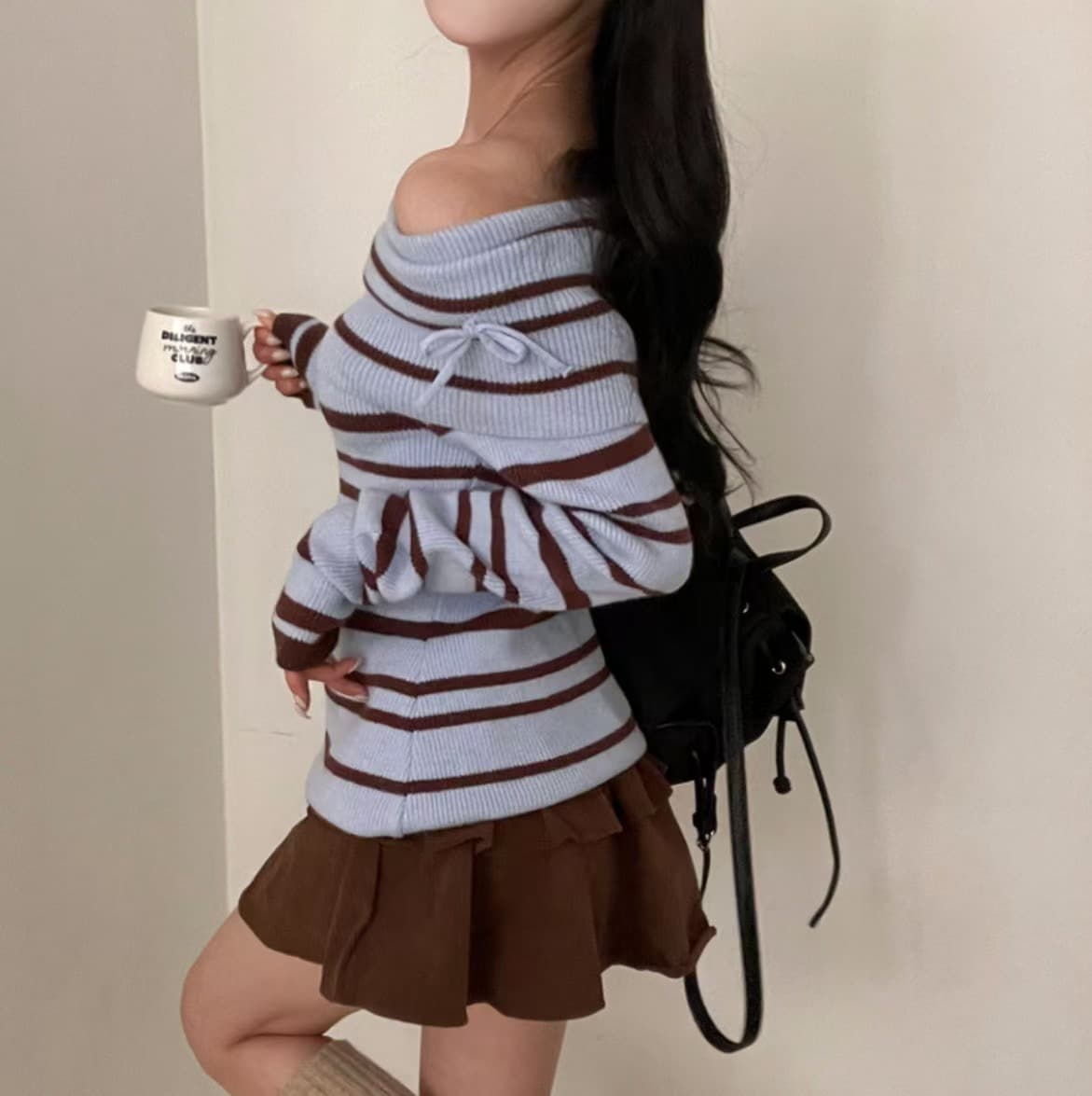 새로운 한국 chic 겨울 새로운 레트로 미니멀리즘 스트라이프 보트넥 오프숄더 스웨터 상세 이미지 6