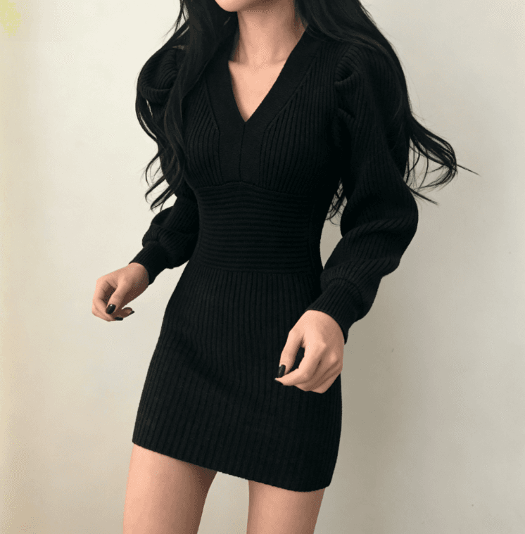 실사 한국 스타일 V넥 거품 소매 니트 스웨터 드레스 섹시함 몸매 가꾸기 허리 수축 데이트 드레스 상세 이미지 14