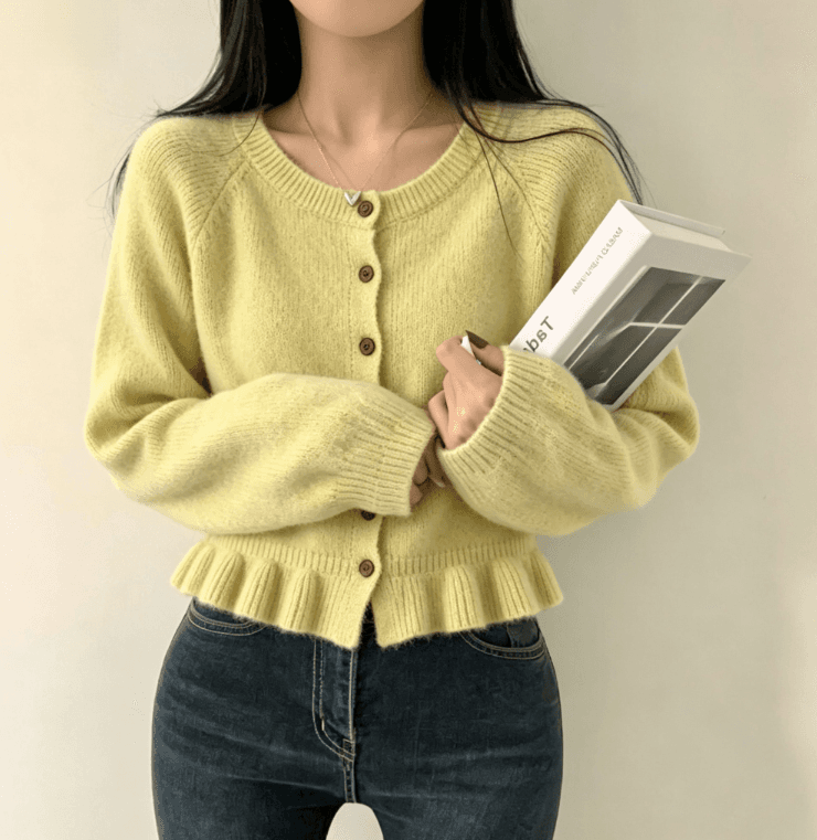 실사 한국 스타일 디자인 센스 프릴 치마 라운드 넥 니트 오픈 가디건 여성 와이드 부드러운 찹쌀 스웨터 코트 켜기 이미지 2