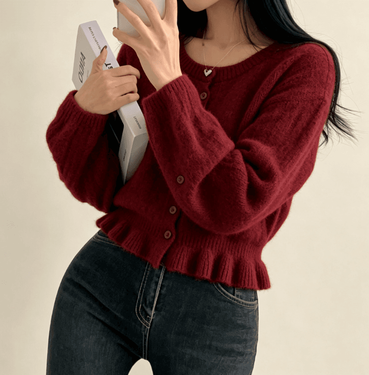 실사 한국 스타일 디자인 센스 프릴 치마 라운드 넥 니트 오픈 가디건 여성 와이드 부드러운 찹쌀 스웨터 코트 켜기 이미지 3