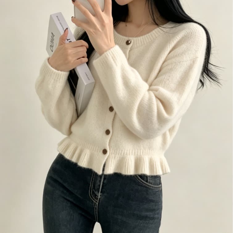 실사 한국 스타일 디자인 센스 프릴 치마 라운드 넥 니트 오픈 가디건 여성 와이드 부드러운 찹쌀 스웨터 코트 켜기 이미지 4