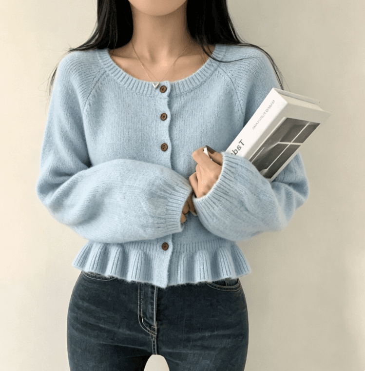 실사 한국 스타일 디자인 센스 프릴 치마 라운드 넥 니트 오픈 가디건 여성 와이드 부드러운 찹쌀 스웨터 코트 켜기 상세 이미지 3