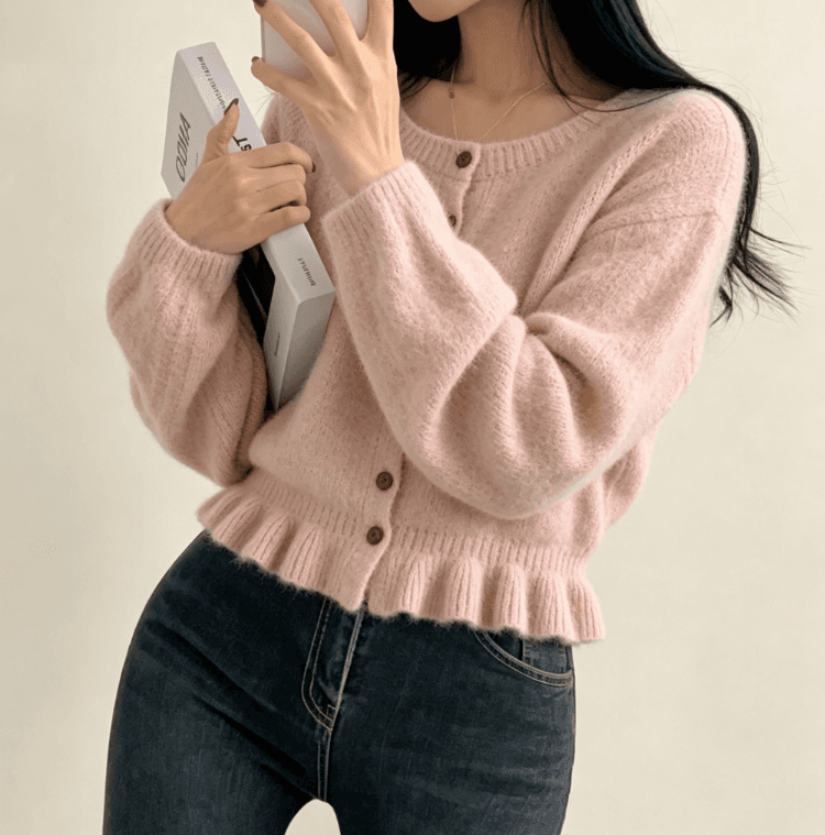 실사 한국 스타일 디자인 센스 프릴 치마 라운드 넥 니트 오픈 가디건 여성 와이드 부드러운 찹쌀 스웨터 코트 켜기 상세 이미지 6