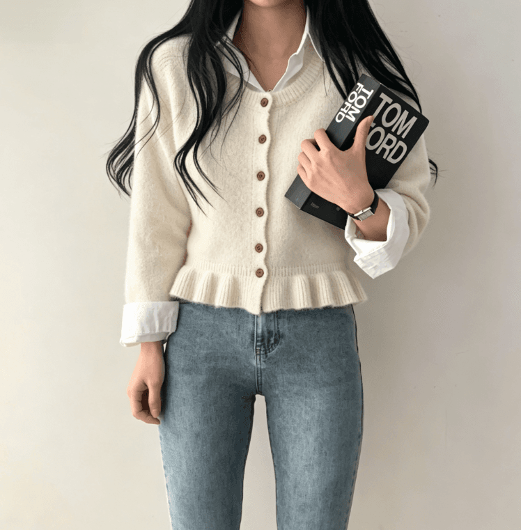 실사 한국 스타일 디자인 센스 프릴 치마 라운드 넥 니트 오픈 가디건 여성 와이드 부드러운 찹쌀 스웨터 코트 켜기 상세 이미지 10