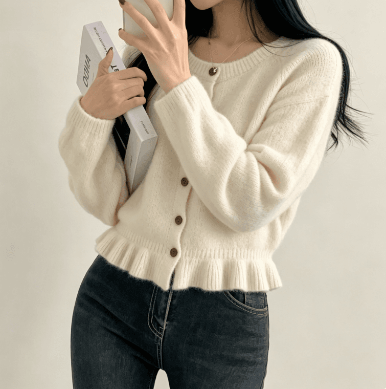 실사 한국 스타일 디자인 센스 프릴 치마 라운드 넥 니트 오픈 가디건 여성 와이드 부드러운 찹쌀 스웨터 코트 켜기 상세 이미지 11