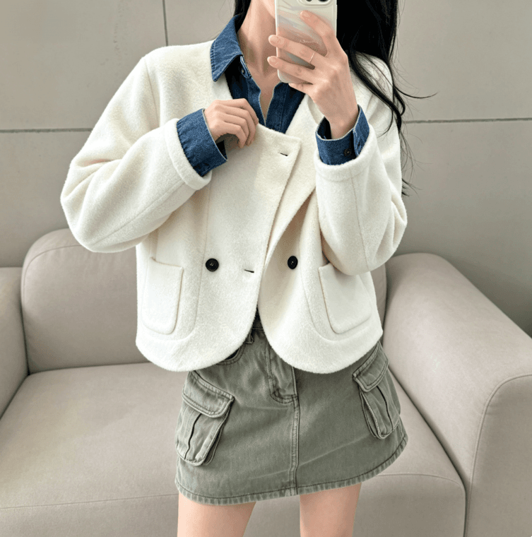실사 한국 스타일 chic 페이크 레이어드 오픈 가디건 여성 디자인 센스 POLO 칼라 데님 패치워크 느긋한 루즈핏 재킷 이미지 2
