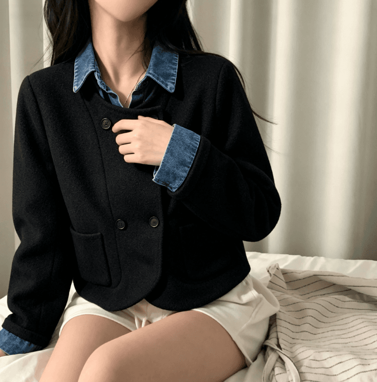 실사 한국 스타일 chic 페이크 레이어드 오픈 가디건 여성 디자인 센스 POLO 칼라 데님 패치워크 느긋한 루즈핏 재킷 이미지 4