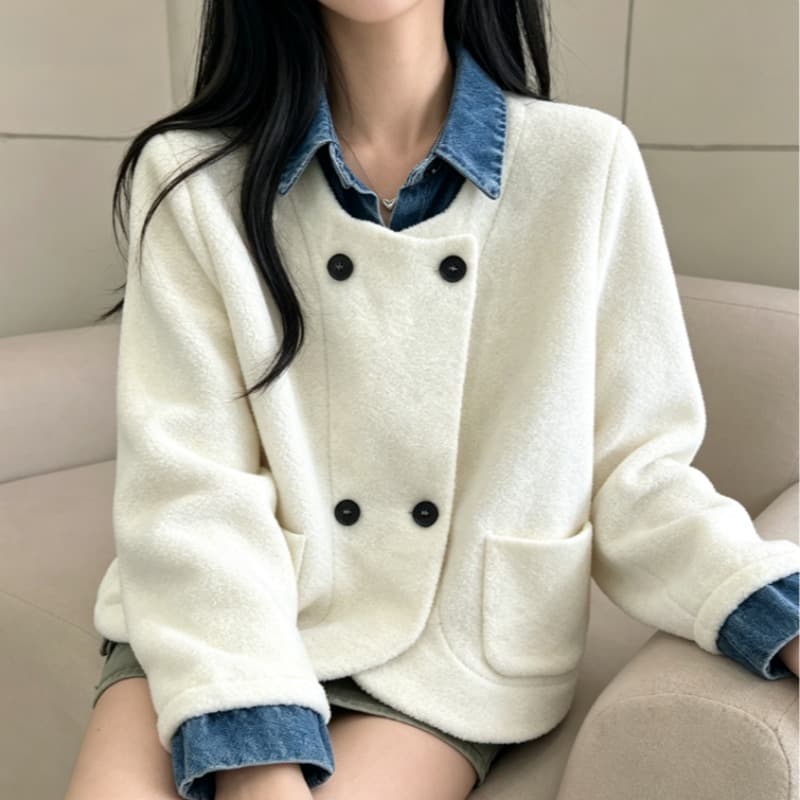 실사 한국 스타일 chic 페이크 레이어드 오픈 가디건 여성 디자인 센스 POLO 칼라 데님 패치워크 느긋한 루즈핏 재킷 이미지 5