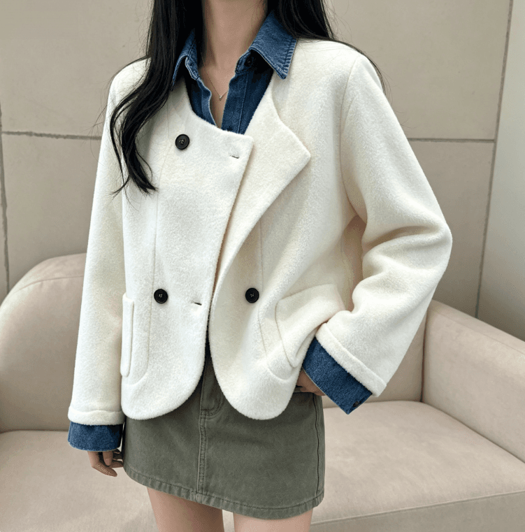 실사 한국 스타일 chic 페이크 레이어드 오픈 가디건 여성 디자인 센스 POLO 칼라 데님 패치워크 느긋한 루즈핏 재킷 상세 이미지 1