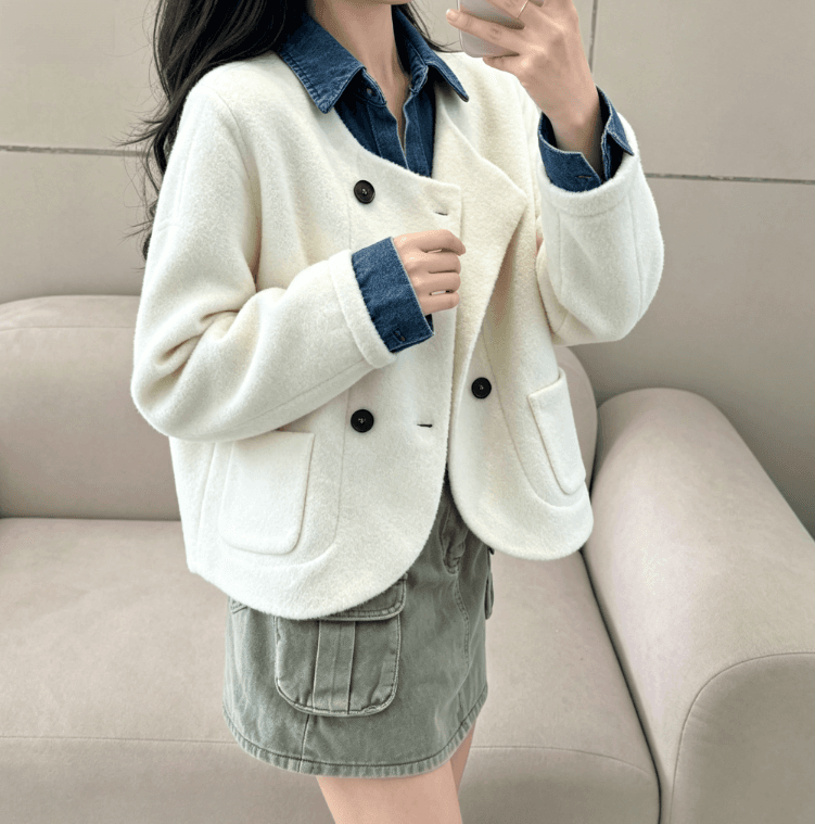 실사 한국 스타일 chic 페이크 레이어드 오픈 가디건 여성 디자인 센스 POLO 칼라 데님 패치워크 느긋한 루즈핏 재킷 상세 이미지 2
