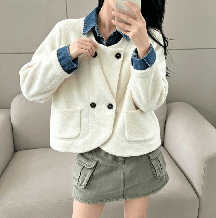 실사 한국 스타일 chic 페이크 레이어드 오픈 가디건 여성 디자인 센스 POLO 칼라 데님 패치워크 느긋한 루즈핏 재킷 상세 이미지 3