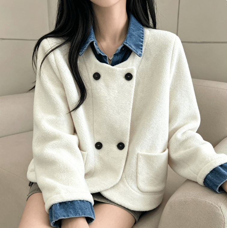 실사 한국 스타일 chic 페이크 레이어드 오픈 가디건 여성 디자인 센스 POLO 칼라 데님 패치워크 느긋한 루즈핏 재킷 상세 이미지 5