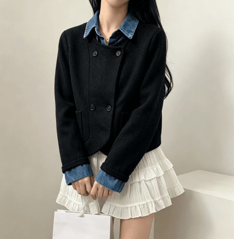 실사 한국 스타일 chic 페이크 레이어드 오픈 가디건 여성 디자인 센스 POLO 칼라 데님 패치워크 느긋한 루즈핏 재킷 상세 이미지 6