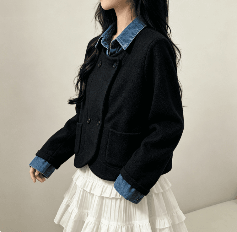 실사 한국 스타일 chic 페이크 레이어드 오픈 가디건 여성 디자인 센스 POLO 칼라 데님 패치워크 느긋한 루즈핏 재킷 상세 이미지 10