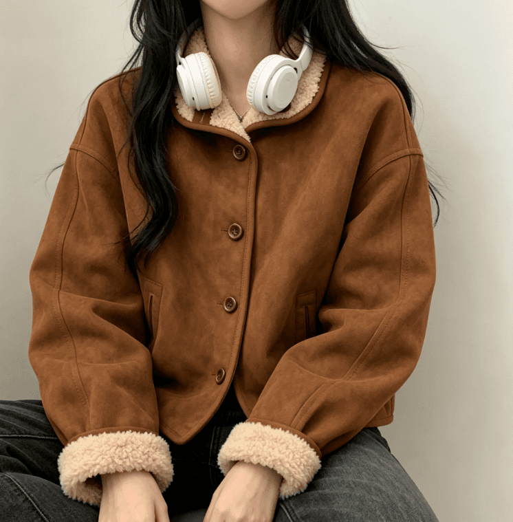 실사 아름다움 라드. 브라운 양털 여성 코트 가을 겨울 스탠드 칼라 양면 착용 두꺼운 피모 하나 재킷 이미지 4