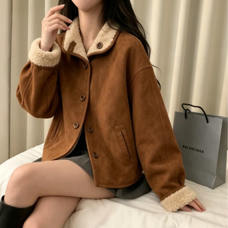 실사 아름다움 라드. 브라운 양털 여성 코트 가을 겨울 스탠드 칼라 양면 착용 두꺼운 피모 하나 재킷