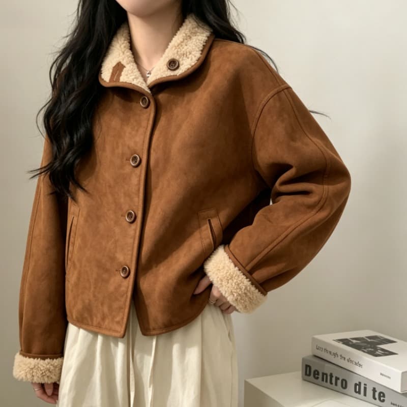 실사 아름다움 라드. 브라운 양털 여성 코트 가을 겨울 스탠드 칼라 양면 착용 두꺼운 피모 하나 재킷 이미지 5