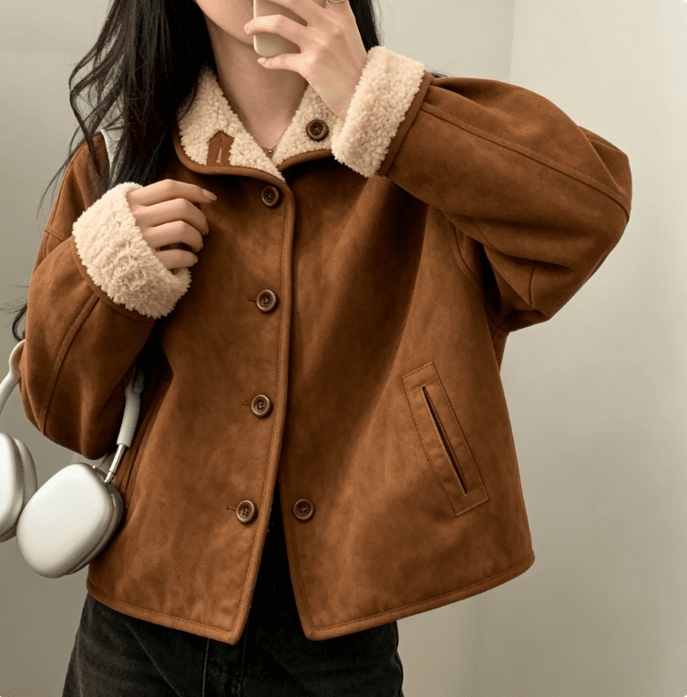 실사 아름다움 라드. 브라운 양털 여성 코트 가을 겨울 스탠드 칼라 양면 착용 두꺼운 피모 하나 재킷 상세 이미지 2