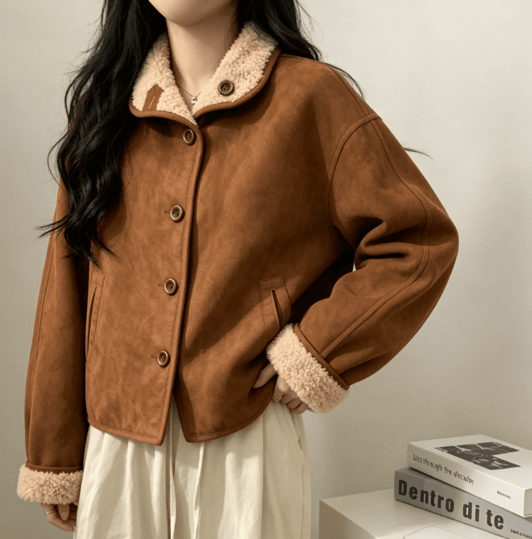 실사 아름다움 라드. 브라운 양털 여성 코트 가을 겨울 스탠드 칼라 양면 착용 두꺼운 피모 하나 재킷 상세 이미지 3