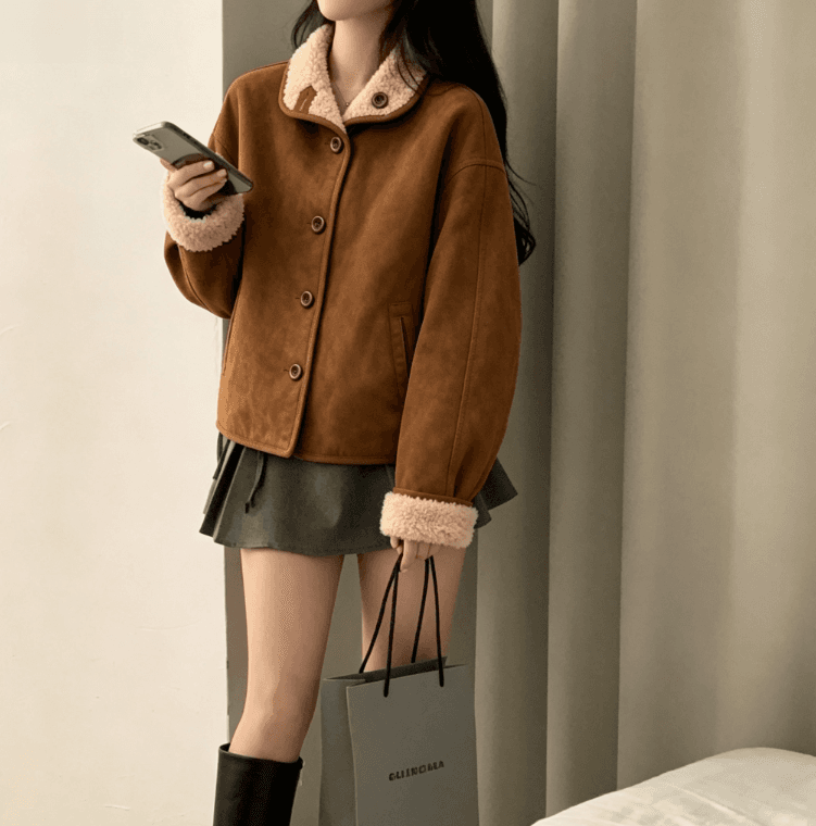 실사 아름다움 라드. 브라운 양털 여성 코트 가을 겨울 스탠드 칼라 양면 착용 두꺼운 피모 하나 재킷 상세 이미지 6
