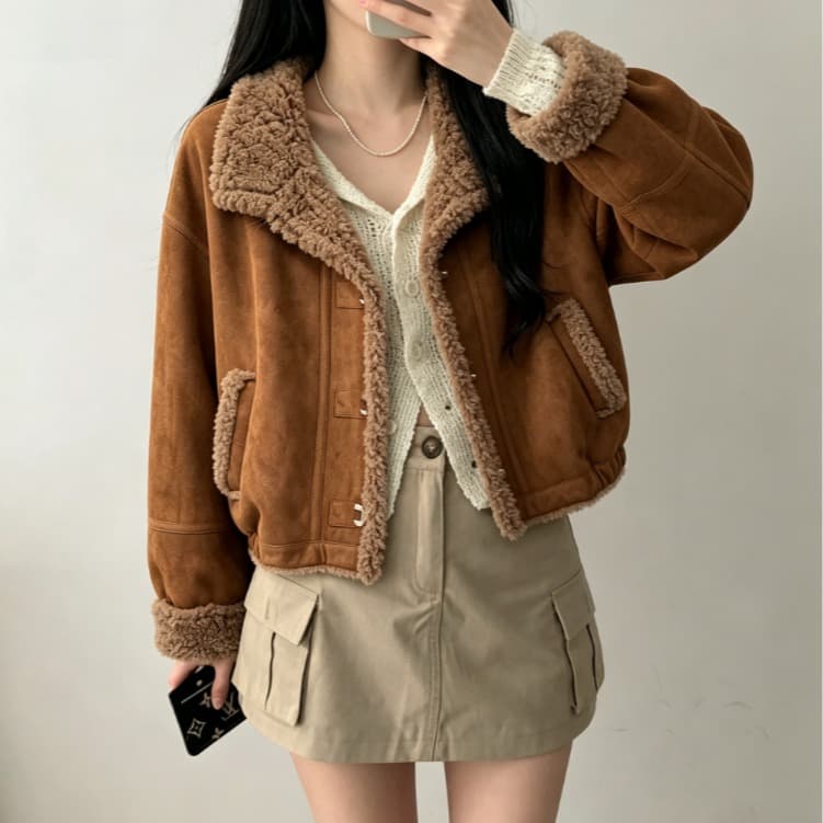 실사 한 부서 캐러멜 양털 재킷 여성 짧은 루즈핏 폴로 칼라 가을 겨울 두꺼운 플리스 재킷