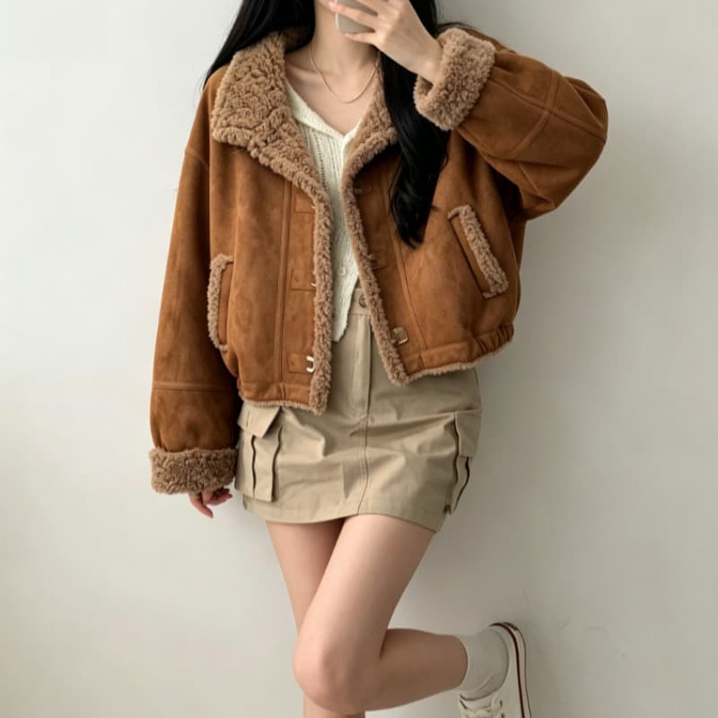 실사 한 부서 캐러멜 양털 재킷 여성 짧은 루즈핏 폴로 칼라 가을 겨울 두꺼운 플리스 재킷 이미지 5