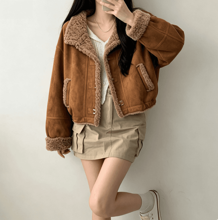 실사 한 부서 캐러멜 양털 재킷 여성 짧은 루즈핏 폴로 칼라 가을 겨울 두꺼운 플리스 재킷 상세 이미지 2