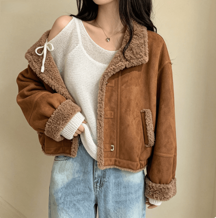 실사 한 부서 캐러멜 양털 재킷 여성 짧은 루즈핏 폴로 칼라 가을 겨울 두꺼운 플리스 재킷 상세 이미지 5