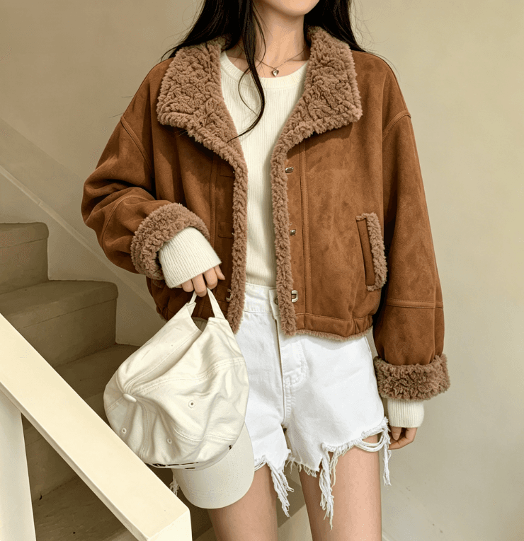 실사 한 부서 캐러멜 양털 재킷 여성 짧은 루즈핏 폴로 칼라 가을 겨울 두꺼운 플리스 재킷 상세 이미지 6