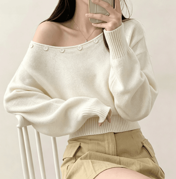 실사 한국 스타일 고급 센스 보트넥 오프숄더 가을 느긋한 바람 비스듬한 어깨 스웨터 상세 이미지 4