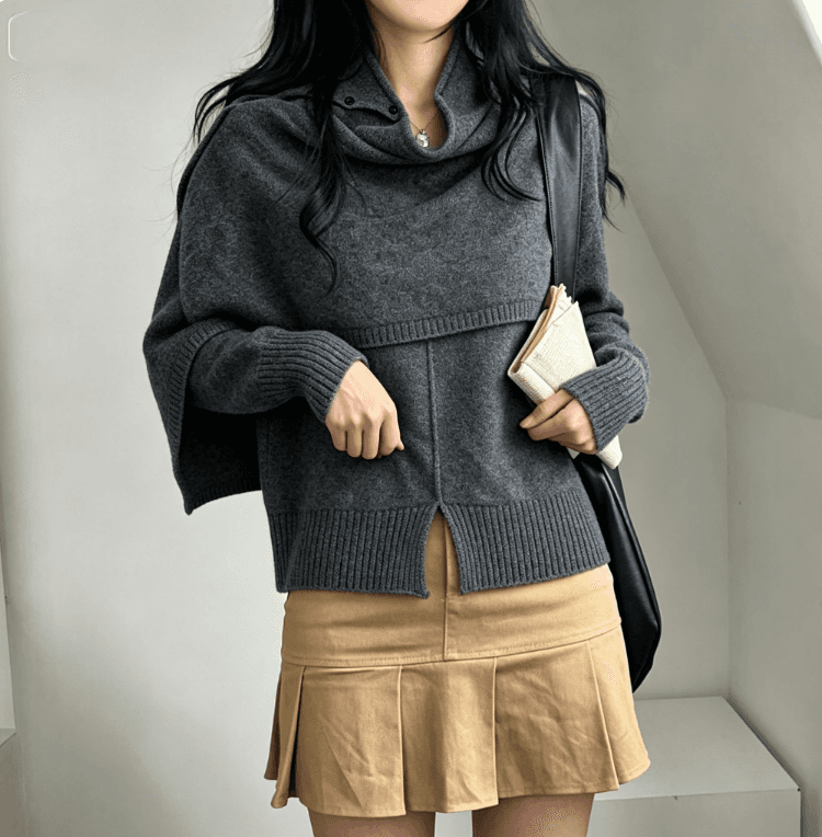 실사 한 부서 고급 품격 터틀넥 단추 숄 패션 라운드 넥 따뜻한 찹쌀 부드러운 캐주얼 스웨터 여자 상세 이미지 5