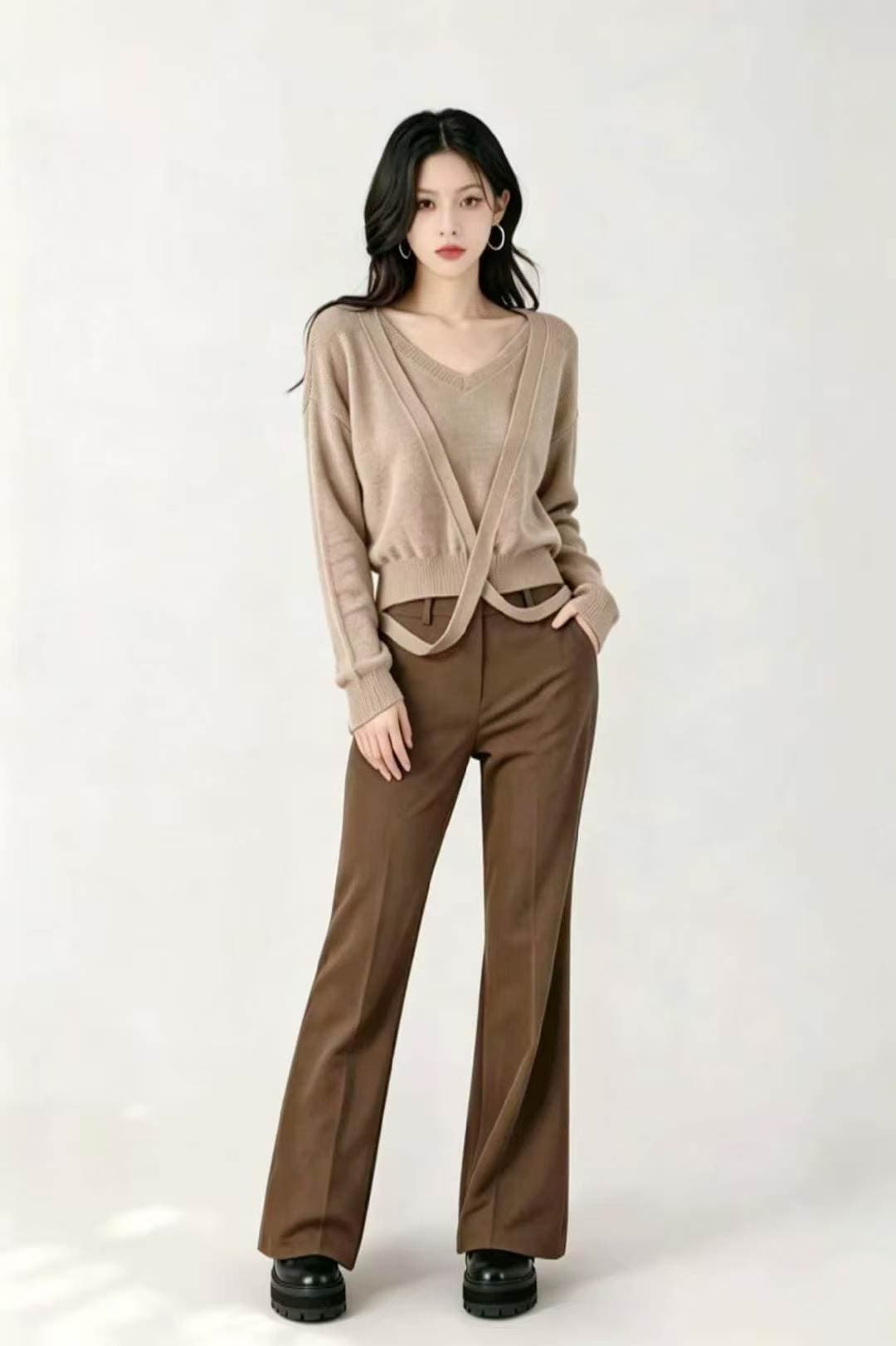 chic 작은 대중 품격 라운드 넥 니트 조끼 디자인 센스 십자가 스트랩 긴팔 스웨터 페이크 레이어드 맨위 상세 이미지 5