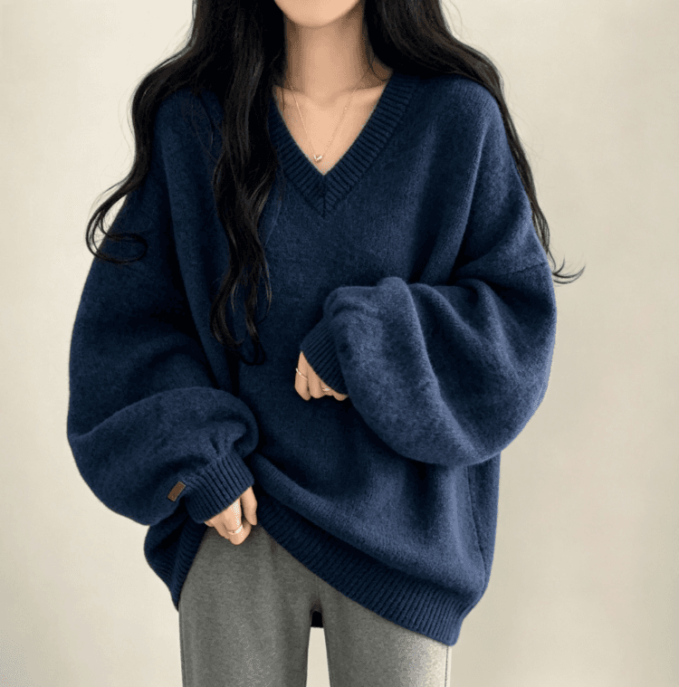 실사 한국 chic 루즈핏 느긋한 대 에디션 스웨터 V넥 풀오버 중간 길이 보온 맨위 여성