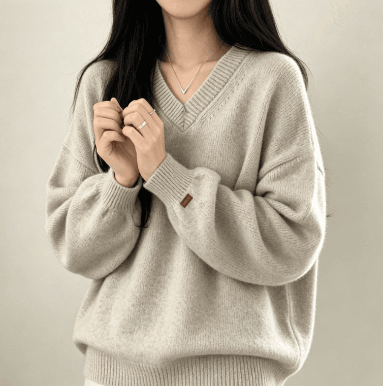 실사 한국 chic 루즈핏 느긋한 대 에디션 스웨터 V넥 풀오버 중간 길이 보온 맨위 여성 이미지 4