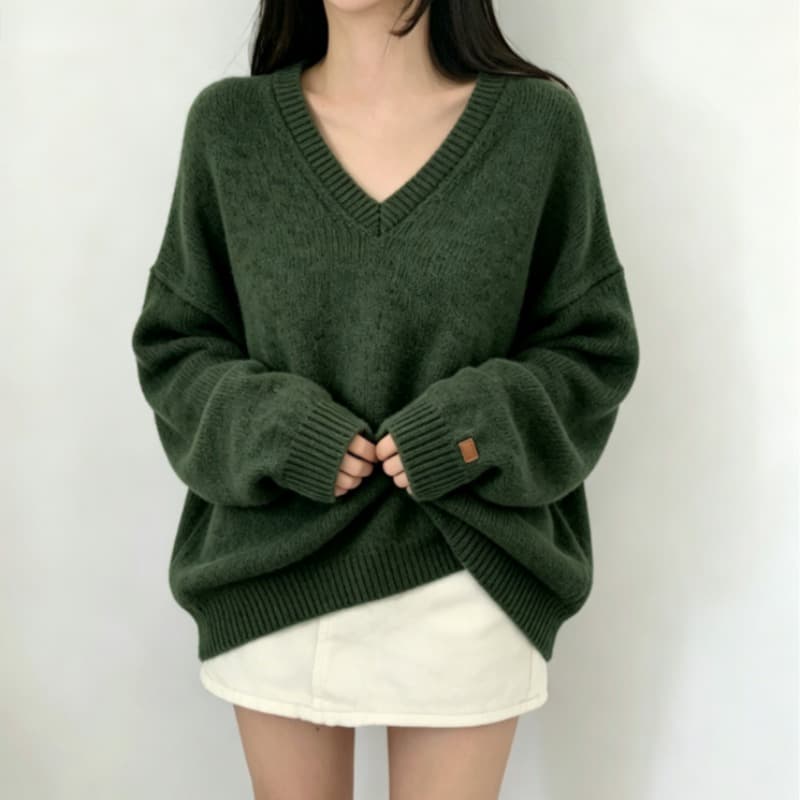 실사 한국 chic 루즈핏 느긋한 대 에디션 스웨터 V넥 풀오버 중간 길이 보온 맨위 여성 이미지 5