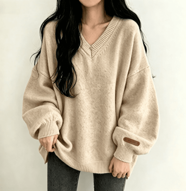 실사 한국 chic 루즈핏 느긋한 대 에디션 스웨터 V넥 풀오버 중간 길이 보온 맨위 여성 상세 이미지 2