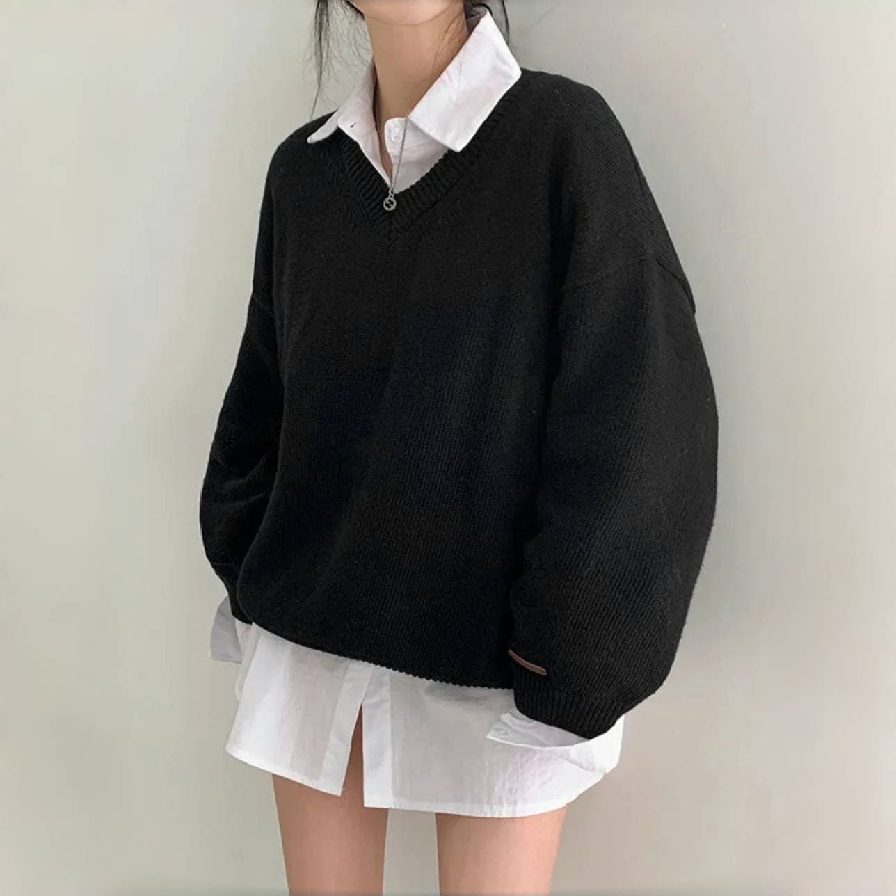 실사 한국 chic 루즈핏 느긋한 대 에디션 스웨터 V넥 풀오버 중간 길이 보온 맨위 여성 상세 이미지 8
