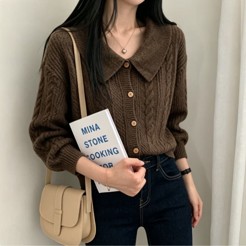실사 한 일본식 레트로 꽈배기 폴로 칼라 양모 니트 오픈 가디건 여성 외부 가져 가라. 스웨터 코트
