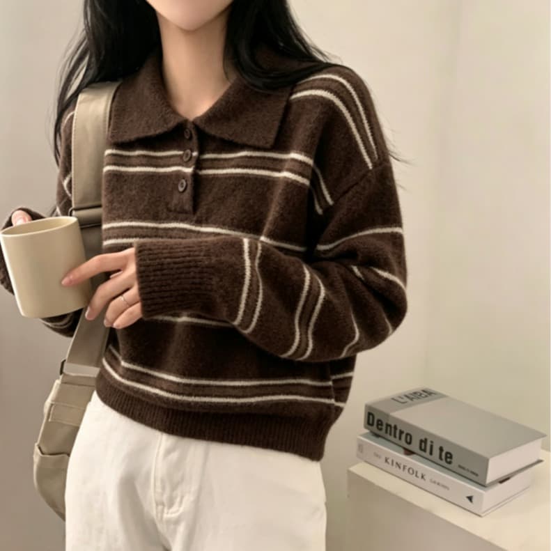 실사 레트로 스트라이프 polo 폴로 칼라 하프 버클 니트 스웨터 맨위 여성 가을 겨울 루즈핏 슬림해 보이는 다용도 스웨터 이미지 2