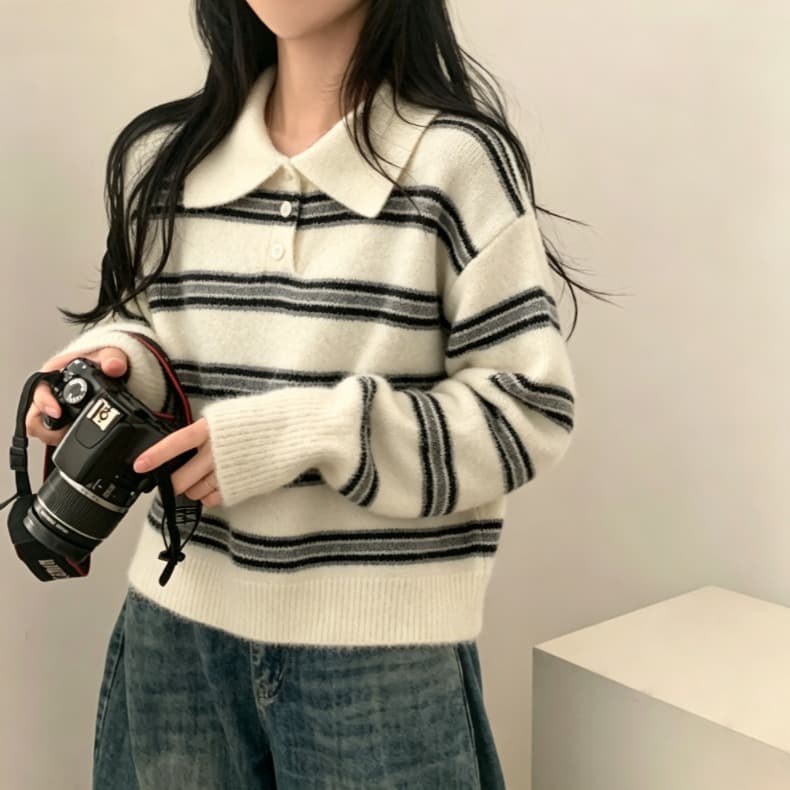 실사 레트로 스트라이프 polo 폴로 칼라 하프 버클 니트 스웨터 맨위 여성 가을 겨울 루즈핏 슬림해 보이는 다용도 스웨터 이미지 4