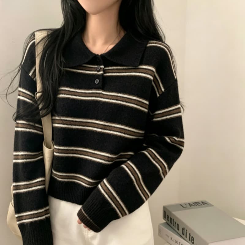 실사 레트로 스트라이프 polo 폴로 칼라 하프 버클 니트 스웨터 맨위 여성 가을 겨울 루즈핏 슬림해 보이는 다용도 스웨터 이미지 5