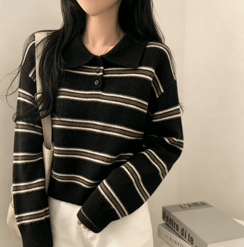 실사 레트로 스트라이프 polo 폴로 칼라 하프 버클 니트 스웨터 맨위 여성 가을 겨울 루즈핏 슬림해 보이는 다용도 스웨터 상세 이미지 1