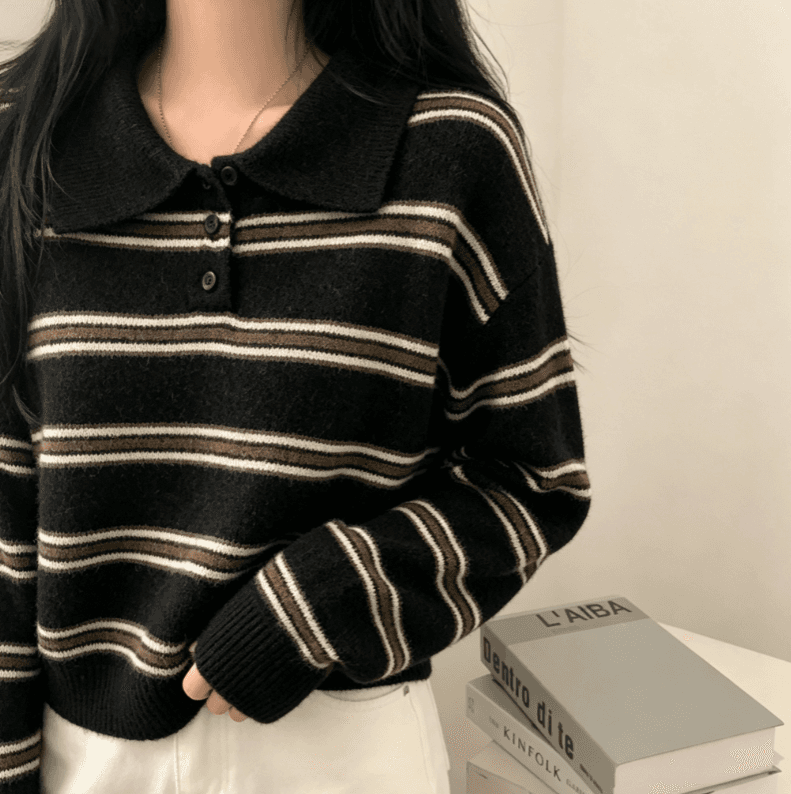 실사 레트로 스트라이프 polo 폴로 칼라 하프 버클 니트 스웨터 맨위 여성 가을 겨울 루즈핏 슬림해 보이는 다용도 스웨터 상세 이미지 2