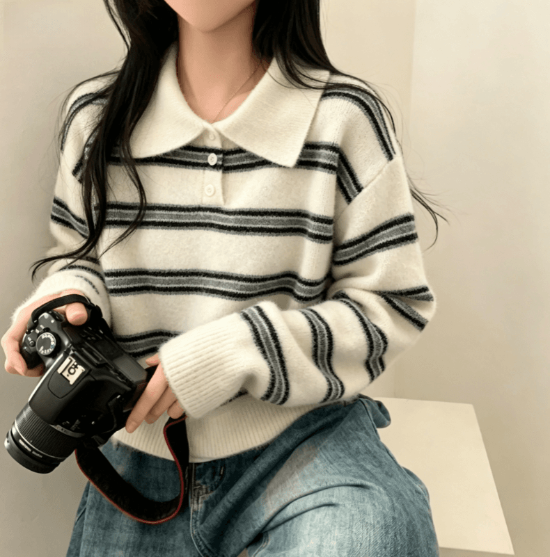 실사 레트로 스트라이프 polo 폴로 칼라 하프 버클 니트 스웨터 맨위 여성 가을 겨울 루즈핏 슬림해 보이는 다용도 스웨터 상세 이미지 5