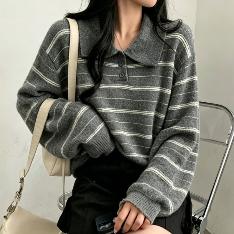 실사 한국 동대문 레트로 부드럽다 느슨함 센스 슬림해 보이는 스트라이프 polo 니트 스웨터 여성 이미지 4