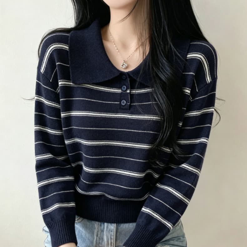 실사 한국 동대문 레트로 부드럽다 느슨함 센스 슬림해 보이는 스트라이프 polo 니트 스웨터 여성 이미지 3
