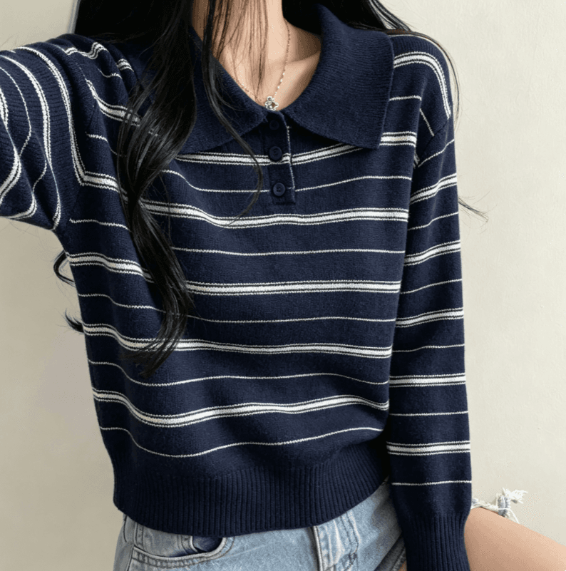 실사 한국 동대문 레트로 부드럽다 느슨함 센스 슬림해 보이는 스트라이프 polo 니트 스웨터 여성 상세 이미지 1